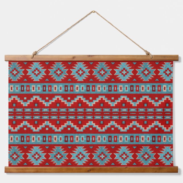 Südwest Mesas Türkis & Red Geometric Muster Wandteppich Mit Holzrahmen (Vorne)