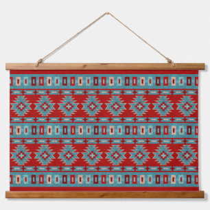 Südwest Mesas Türkis & Red Geometric Muster Wandteppich Mit Holzrahmen