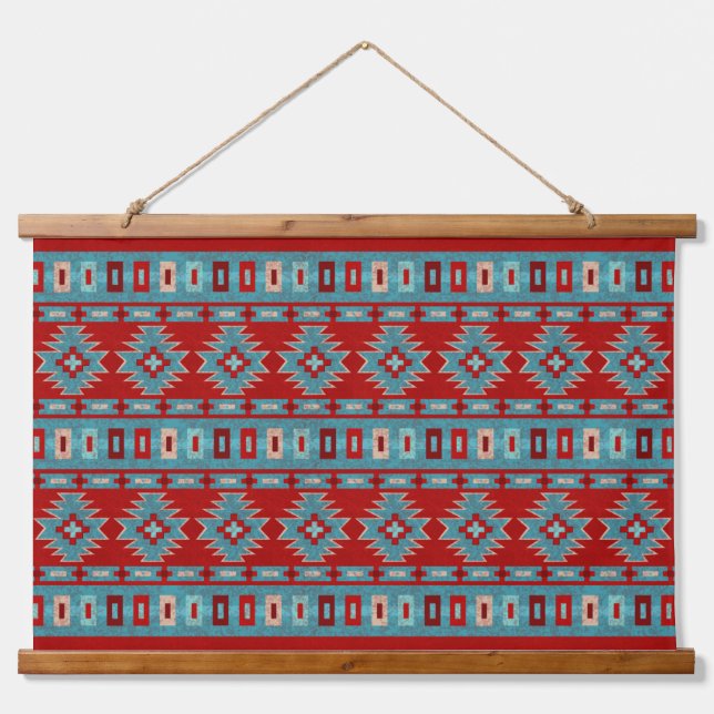 Südwest Mesas Türkis & Red Geometric Muster Wandteppich Mit Holzrahmen (Vorne)