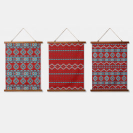 Südwest Mesas Türkis & Red Geometric Muster Wandteppich Mit Holzrahmen