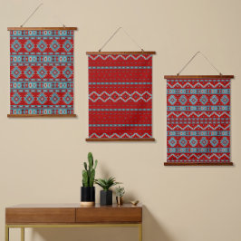 Südwest Mesas Türkis & Red Geometric Muster Wandteppich Mit Holzrahmen