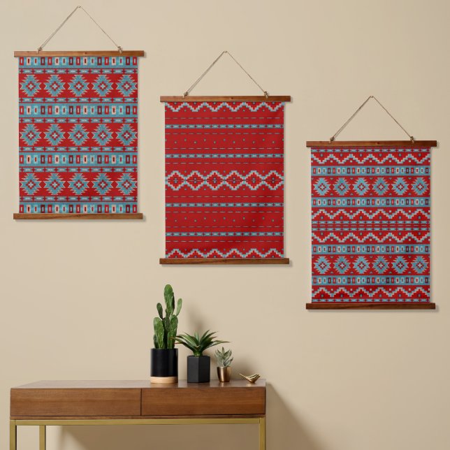 Südwest Mesas Türkis & Red Geometric Muster Wandteppich Mit Holzrahmen (Asymmetrisch)