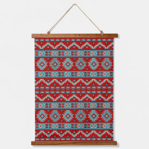 Südwest Mesas Türkis & Red Geometric Muster Wandteppich Mit Holzrahmen