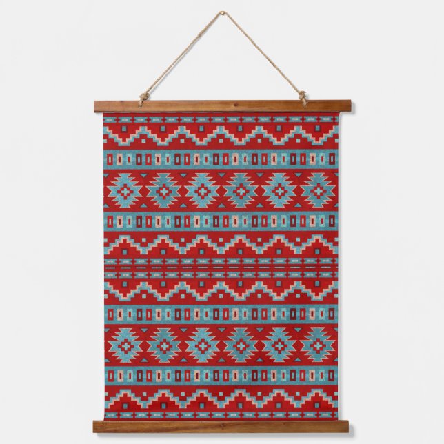 Südwest Mesas Türkis & Red Geometric Muster Wandteppich Mit Holzrahmen (Vorderseite)