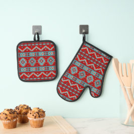 Südwest-Mesas-Türkis- und Red Geometric-Design Ofenhandschuh & Topflappen-Set