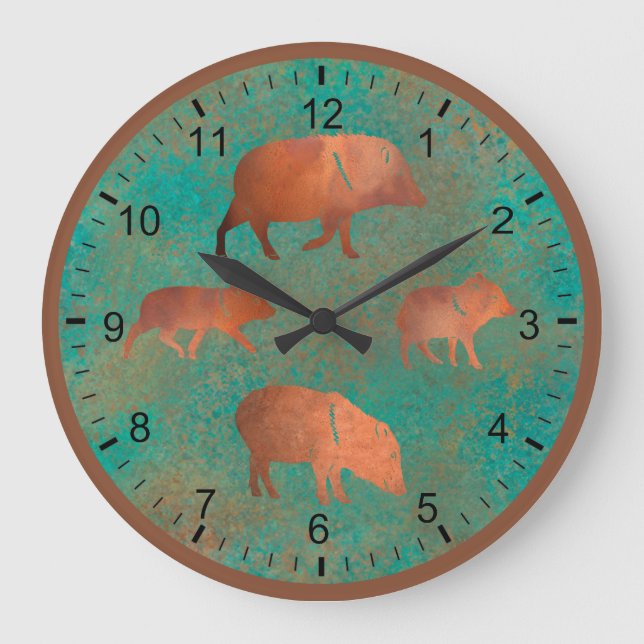 Südwest Niedlich Javelina Familie Kupfer Aquamarin Große Wanduhr (Vorderseite)