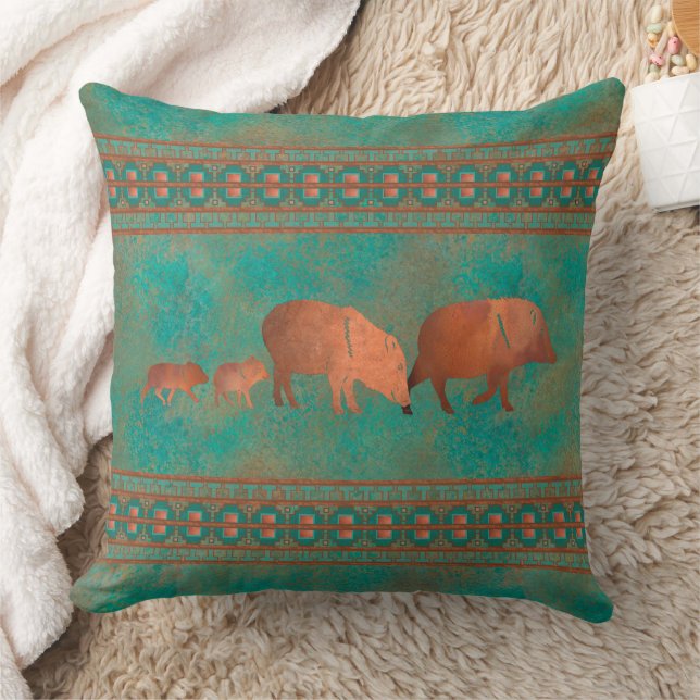 Südwest Niedlich Javelina Familie Kupfer Aquamarin Kissen (Decke)