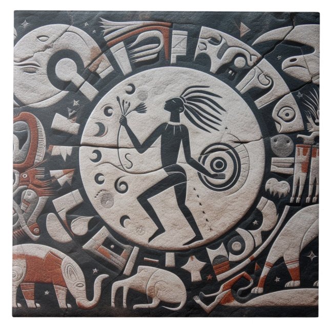Südwest Petroglyph Design Animals Moon Dancing Fliese (Vorderseite)