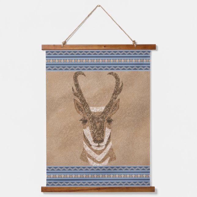Südwest Pronghorn Antelope Head Blue Borders Wandteppich Mit Holzrahmen (Vorderseite)