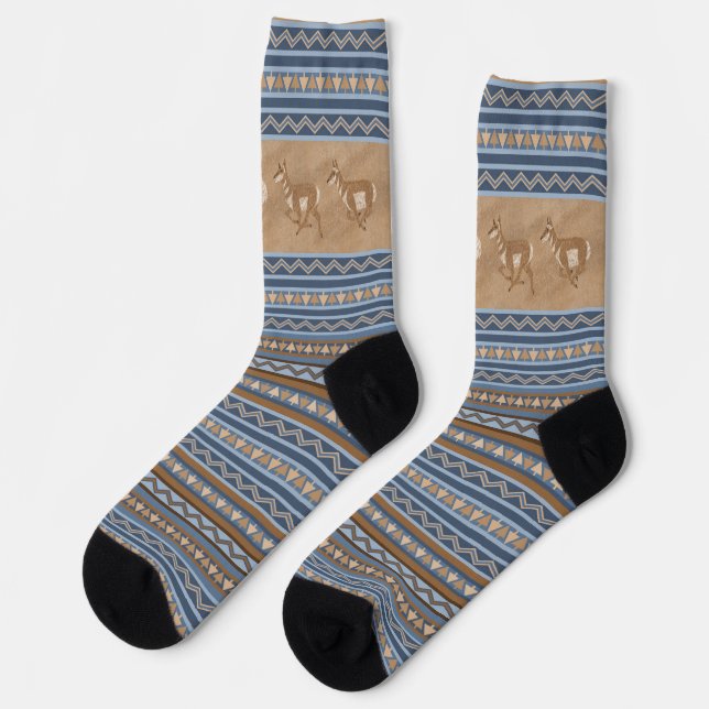 Südwest Pronghorn Antelopes Blue & Brown Border Socken (Linkes Detail)