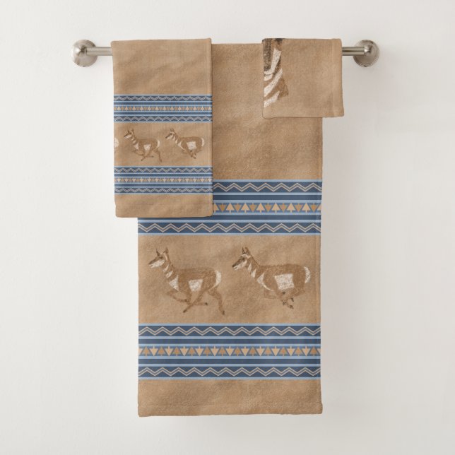 Südwest Pronghorns Antelope Face Blue Border Badhandtuch Set (Insitu)