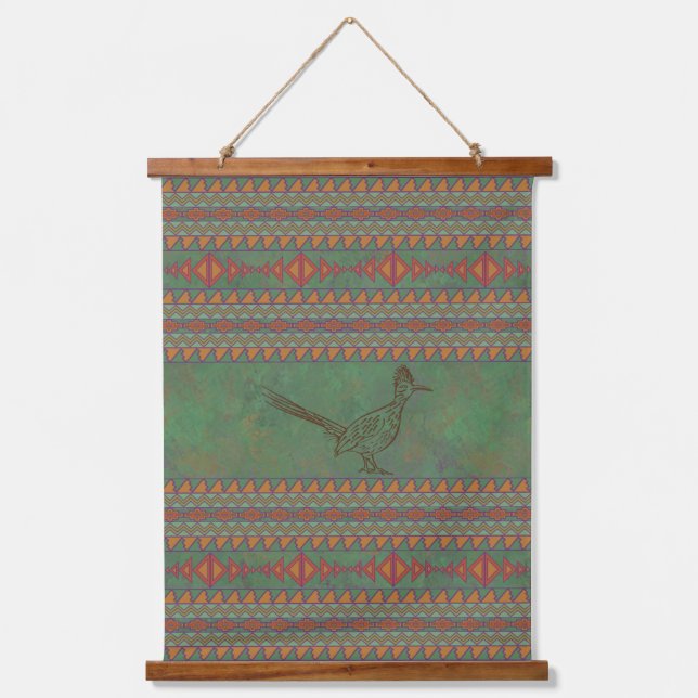 Südwest Roadrunner Sagebrush Green Geometric Wandteppich Mit Holzrahmen (Vorderseite)