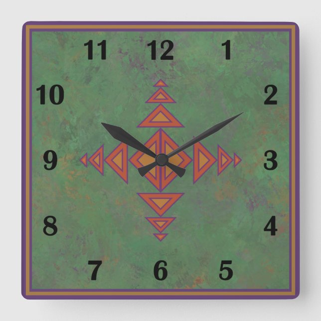 Südwest Sagebrush Green Geometric Regular Style  Quadratische Wanduhr (Vorderseite)