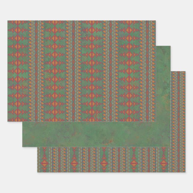Südwest-Sagebrush Grünes geometrisches Design Geschenkpapier Set (Set)