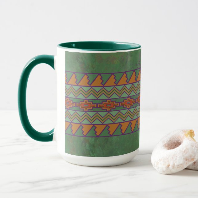Südwest-Sagebrush Grünes geometrisches Design Tasse (Mit Donut)