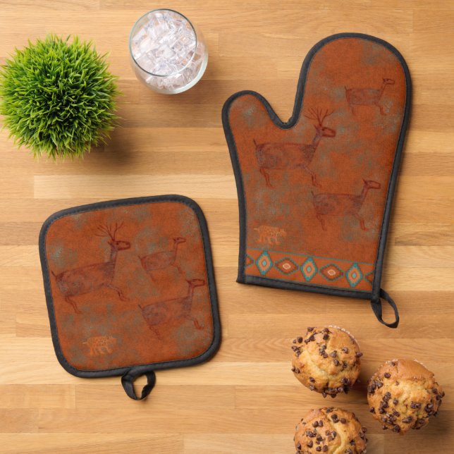 Südwest-Schluchten Hirsche und Bobcat Petroglyphen Ofenhandschuh & Topflappen-Set (Oben Unten)