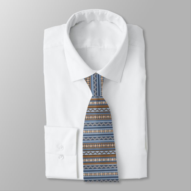 Südwest-Stil Blau und braun geometrisches Muster Krawatte (Gebunden)