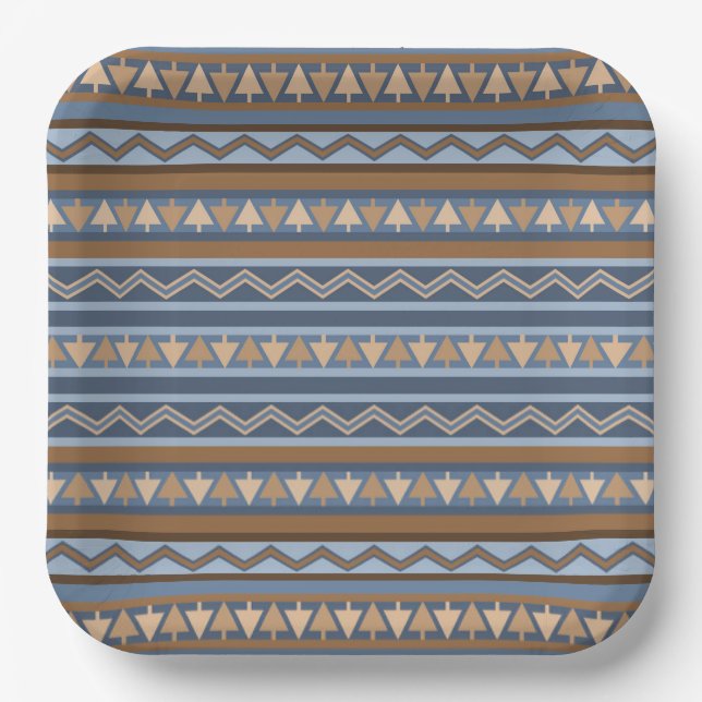Südwest-Stil Blau und braun geometrisches Muster Pappteller (Vorderseite)
