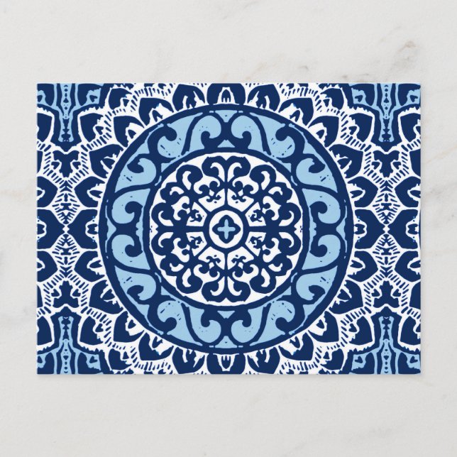Südwest Sun Mandala Batik, Navy Blue & White Postkarte (Vorderseite)