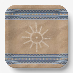 Südwest Sun Petroglyph Blue Geometric Border Pappteller