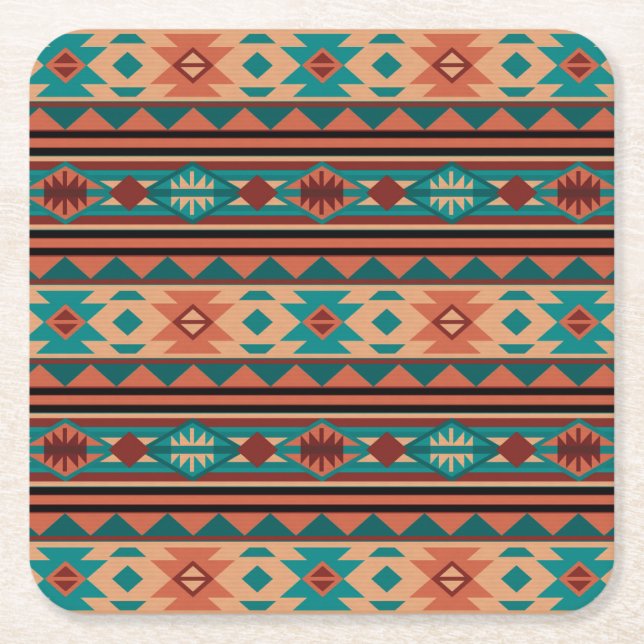 Südwest Tribal Muster Türkisch Terracotta Rechteckiger Pappuntersetzer (Vorderseite)