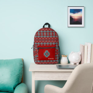 Südwest-Türkis und rotes geometrisches Monogramm Bedruckter Rucksack