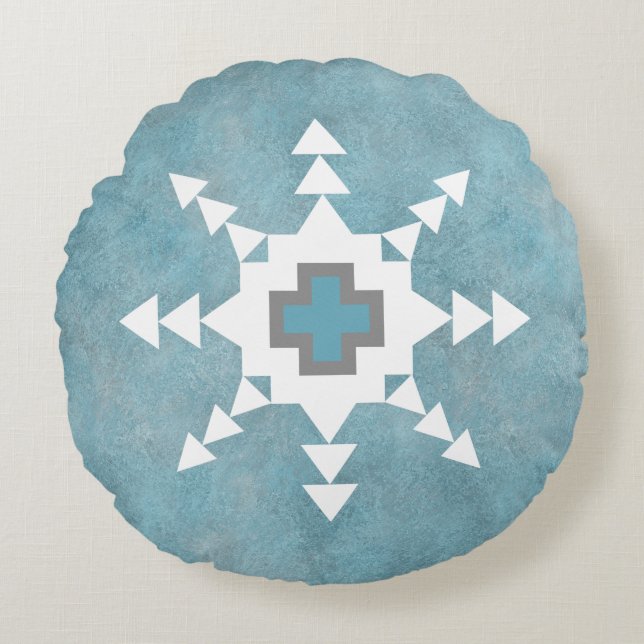 Südwest Winter Snowflake Geometric Blue & White Rundes Kissen (Vorderseite)