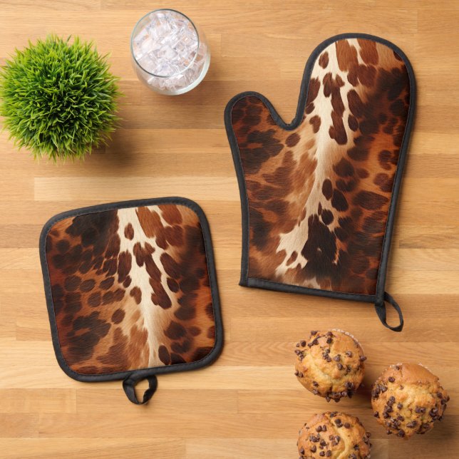 Südwestbrauner Creme Cowhide Ofenhandschuh & Topflappen-Set (Oben Unten)