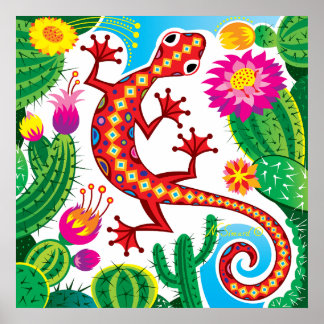 Südwestgecko mit Kakteenblüten Poster