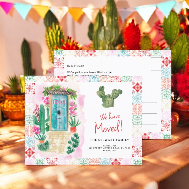 Südwestkakti Tür Aquarell neue Zuhause bewegt Ankündigungspostkarte (Southwestern cacti door watercolor new home moving announcement postcard)
