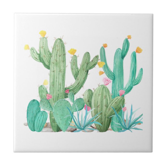 Südwestkaktus Watercolor Sukkulente Wüste Fliese (Vorderseite)