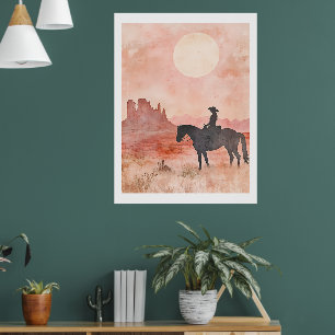Südwestliche Cowgirl-Silhouette Wüsten-Sonnen-Kuns Poster