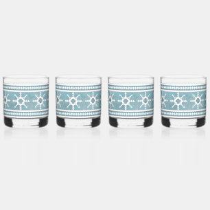 Südwestliche geometrische Schneeflocken Blau & Wei Whiskyglas
