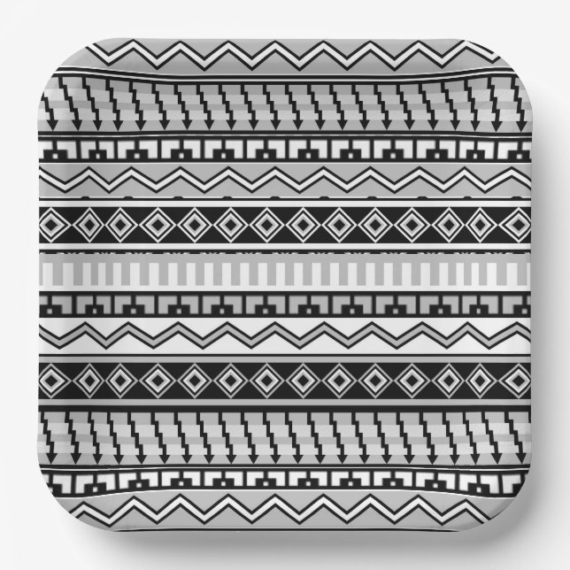 Südwestliche Schwarz-Weiß-Geometrie-Muster Pappteller (Vorderseite)