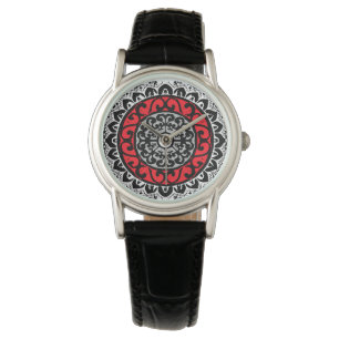 Südwestliche Sonne Mandala Batik, rot, schwarz und Armbanduhr