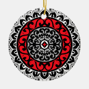 Südwestliche Sonne Mandala, rot, schwarz und weiß Keramik Ornament
