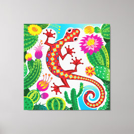 Südwestlicher Gecko mit Kaktusblüten Leinwanddruck