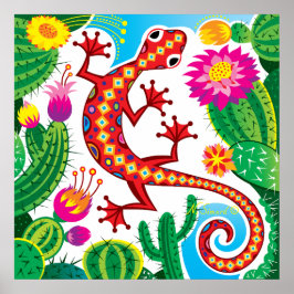 Südwestlicher Gecko mit Kaktusblüten Poster
