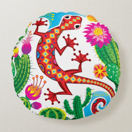 Südwestlicher Gecko mit Kaktusblüten Rundes Kissen