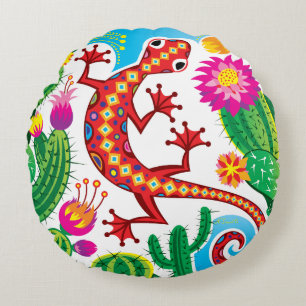 Südwestlicher Gecko mit Kaktusblüten Rundes Kissen