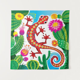 Südwestlicher Gecko mit Kaktusblüten Wandteppich