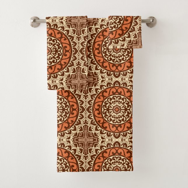 Südwestlicher Sun-Mandala-Batik, Rost u. Brown Badhandtuch Set (Insitu)