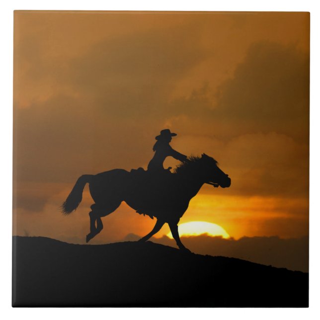 Südwestliches Cowgirl Galloping Pferd in Sunset Fliese (Vorderseite)