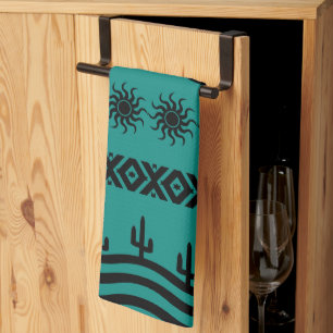 Südwestliches Design Aquamarin und schwarze Küchen Handtuch