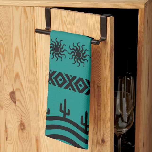 Südwestliches Design Aquamarin und schwarze Küchen Handtuch (Drittel gefaltet)