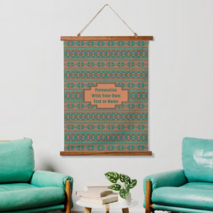 Südwestliches Teal-Kupfer-Geometrisches Design Cus Wandteppich Mit Holzrahmen