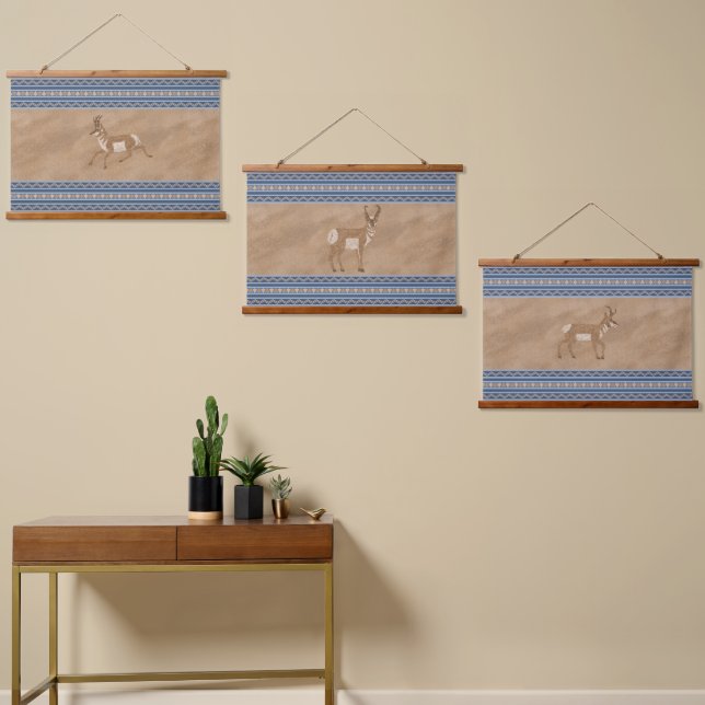 Südwestpronghorn Antelopes Geometrisches Set an de Wandteppich Mit Holzrahmen (Asymmetrisch)