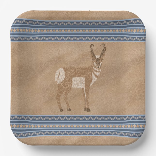 Südwestpronghorn Stehend Antelope Blue Border Pappteller (Vorderseite)