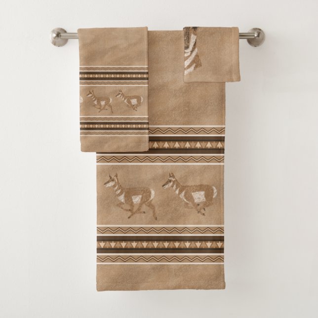 Südwestpronghorns Antelope Face Brown Border Badhandtuch Set (Insitu)