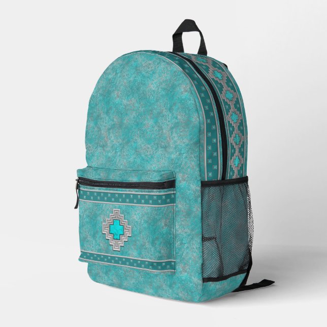 Südwesttürkisfarbenes Stone Geometrisches Muster Bedruckter Rucksack (Rückseitige Ecke Rechts)